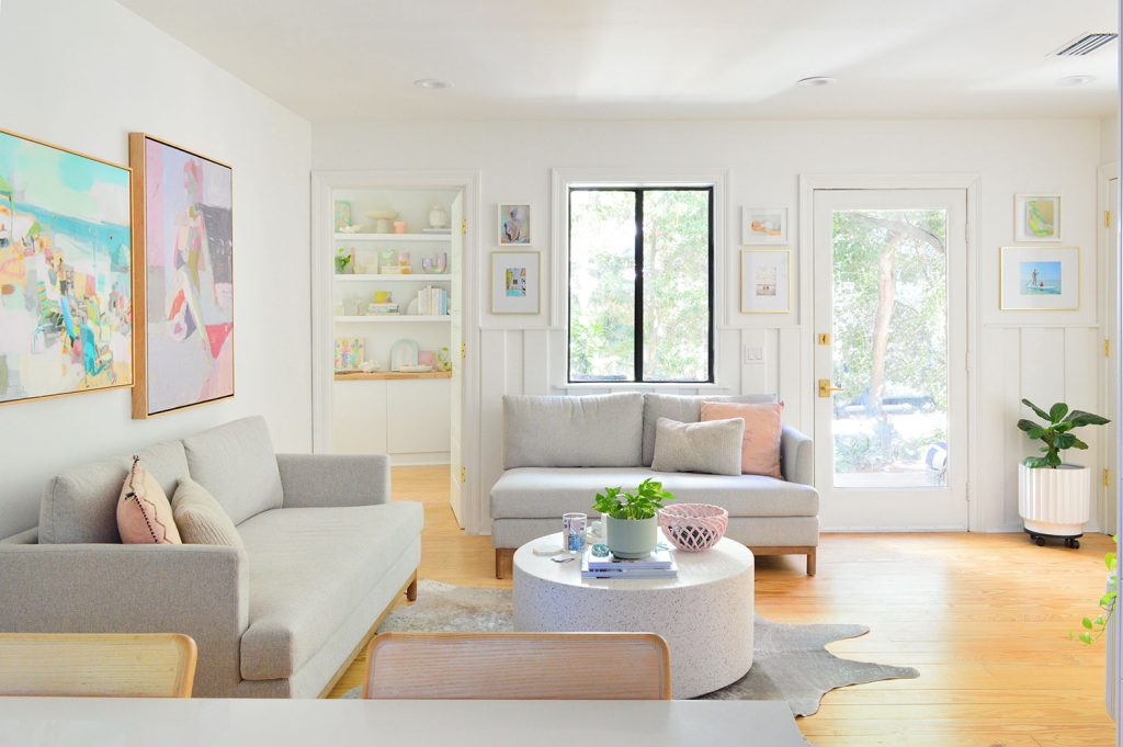 Kitchen Sitting Area With Two Gray Pottery Barn Loveseats