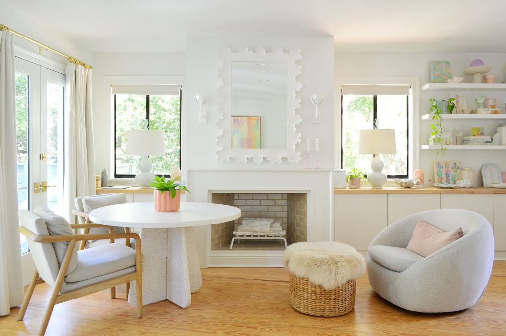 Beachy Bedroom Side With Fireplace And Terrazzo Table