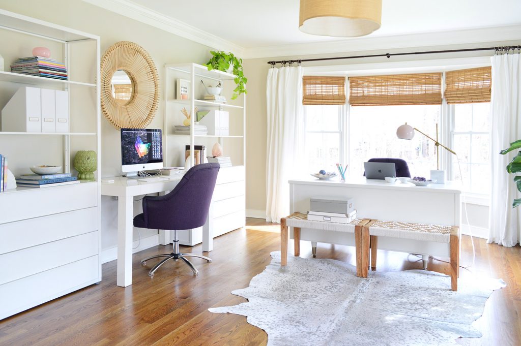 Modern office with Ikea Fjalkinge shelves and two desks with Edgecomb Gray walls