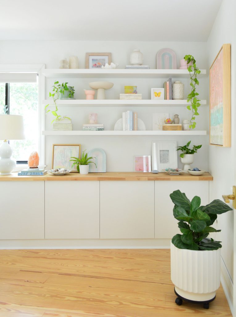 Three Ikea Lack Floating Shelves Over Ikea Besta Storage Console With Butcher Block Counter