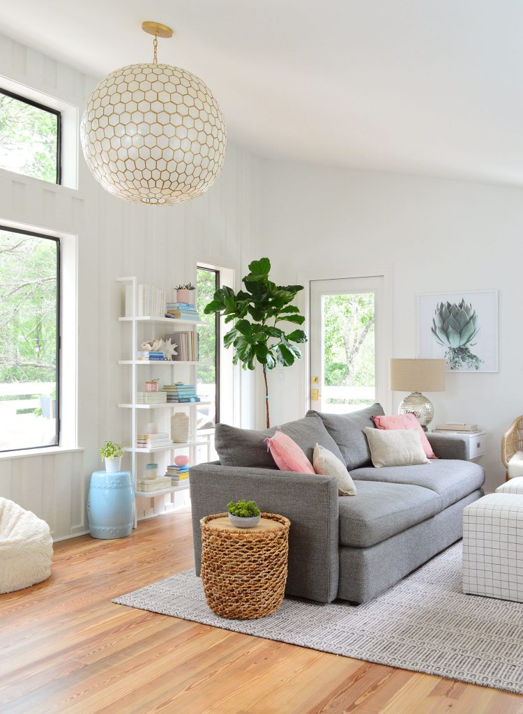 Tall View Of Upstairs Family Room With Large Capiz Globe Light